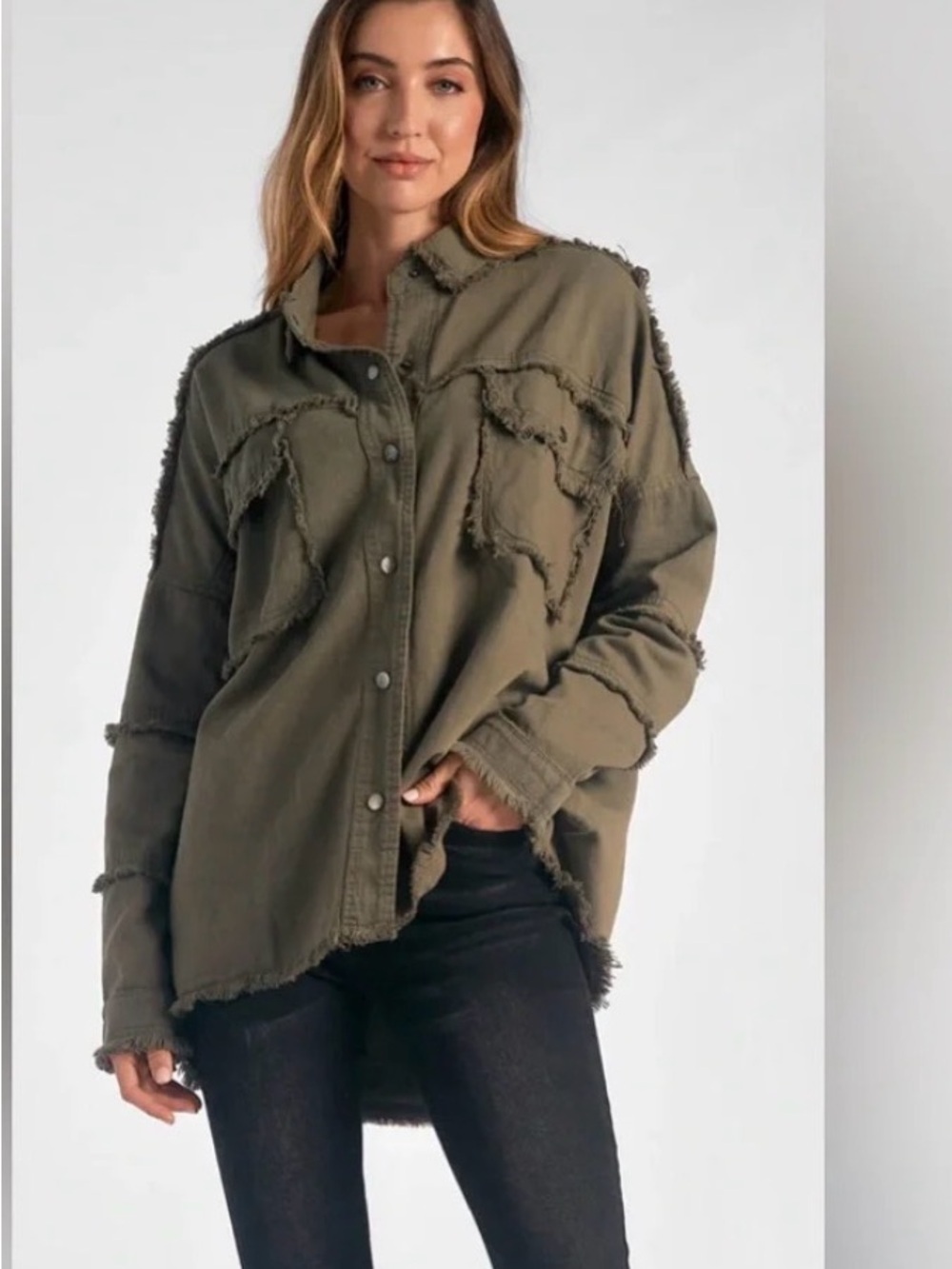 Elan Devan Jacket Olive Frayed Oversized Button-Front M Oversized Relax Fit
